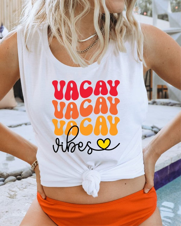 Stacked Vacay Vibes Graphic Flowy Muscle Tank