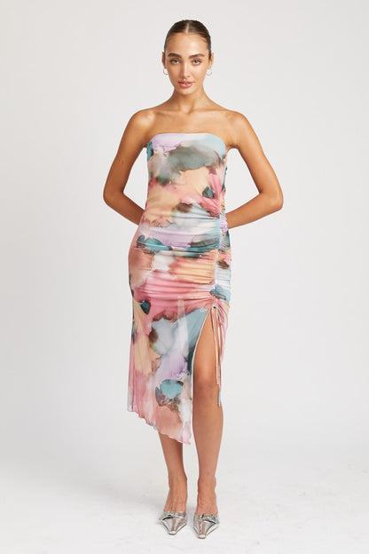 FLORAL SHIRRED MIDI DRESS WITH HIGH SLIT