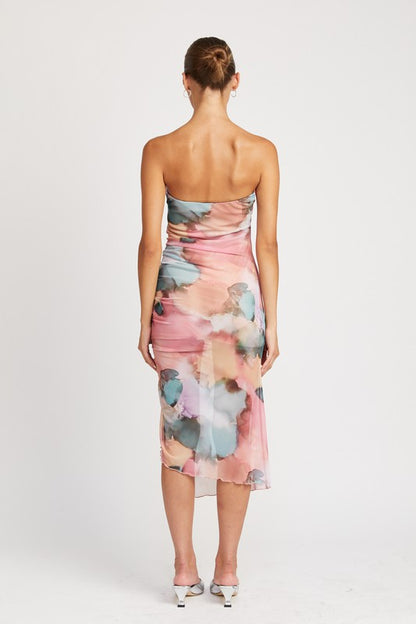 FLORAL SHIRRED MIDI DRESS WITH HIGH SLIT