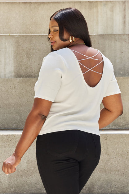 And The Why Pearly White Full Size Criss Cross Pearl Detail Open Back T-Shirt