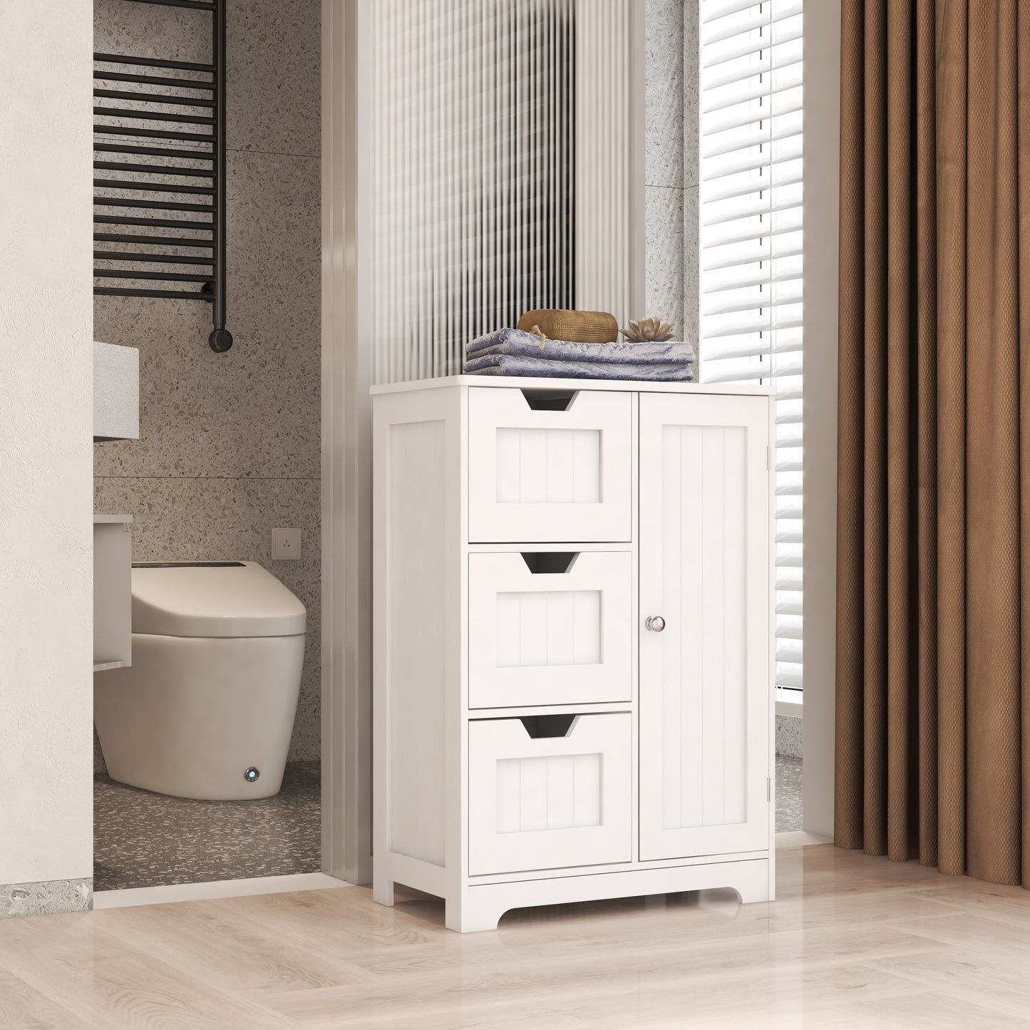 White freestanding storage cabinet for bathroom and living room (one door with three drawers)