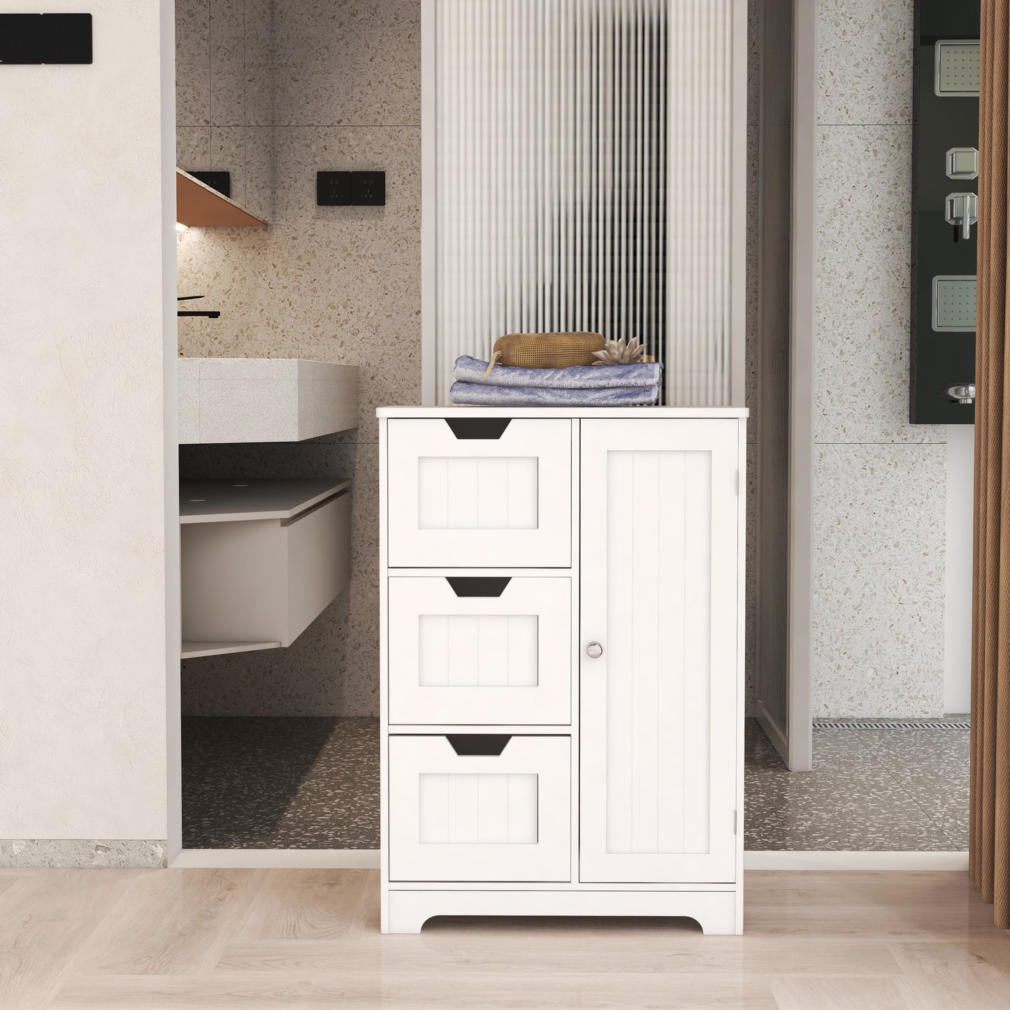 White freestanding storage cabinet for bathroom and living room (one door with three drawers)