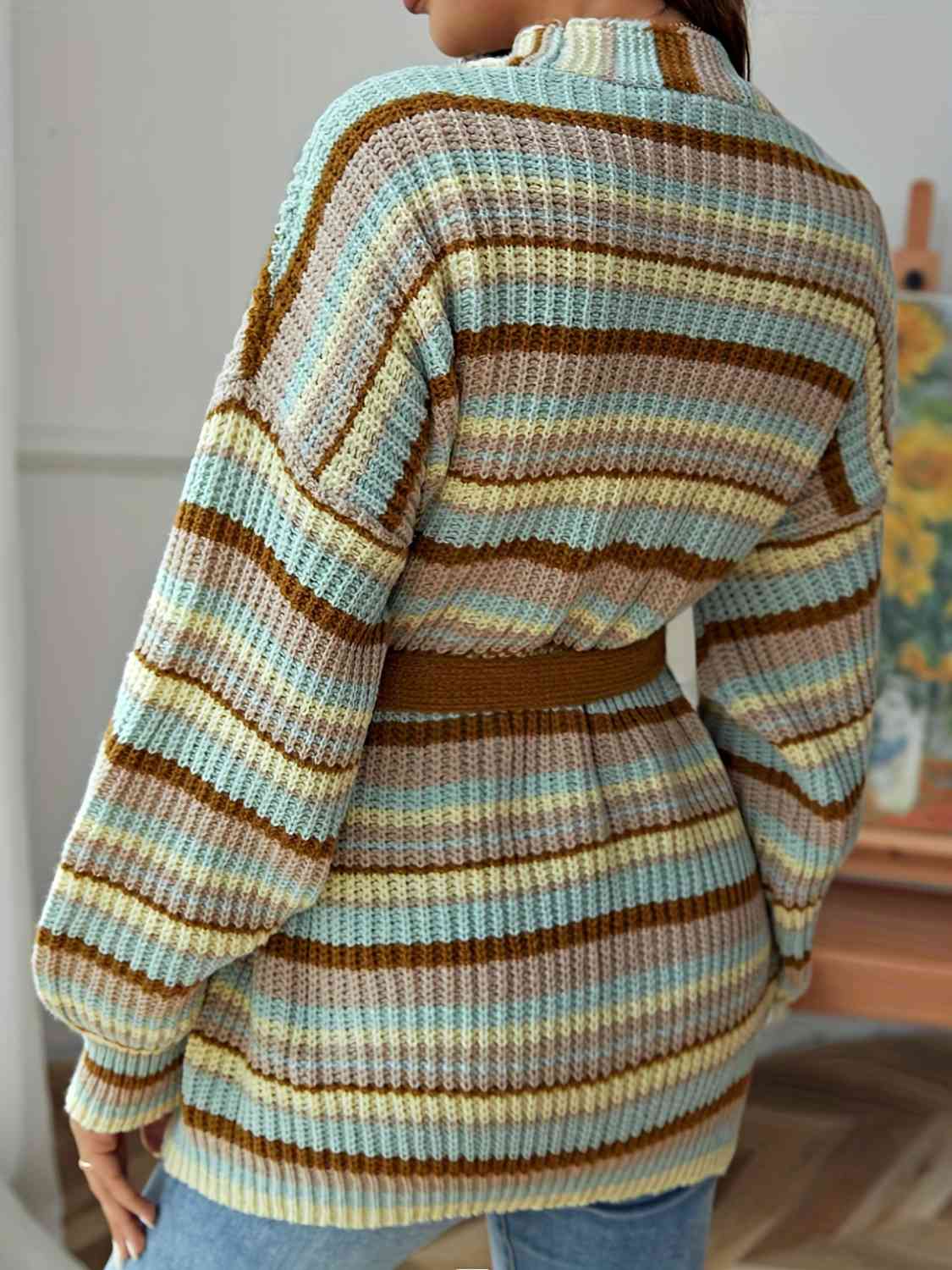 Striped Open Front Long Sleeve Cardigan