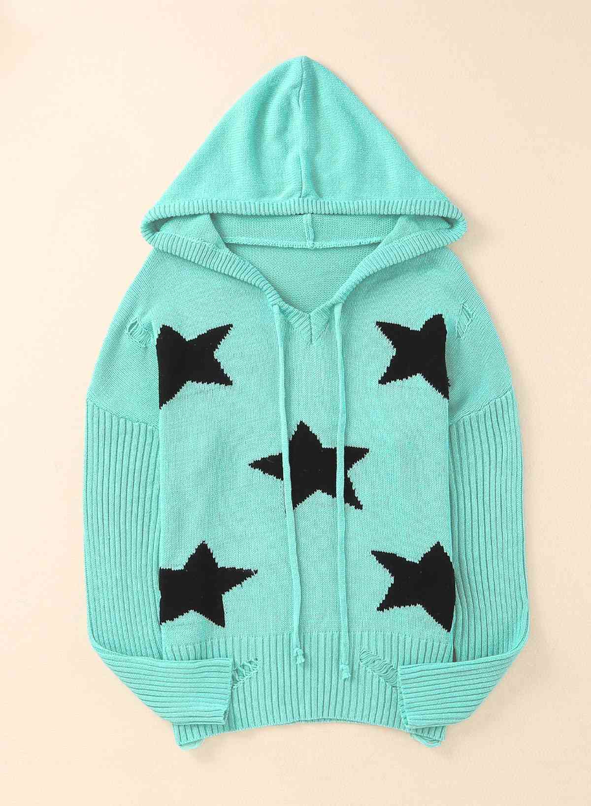 Woven Right Star Distressed Slit Hooded Sweater