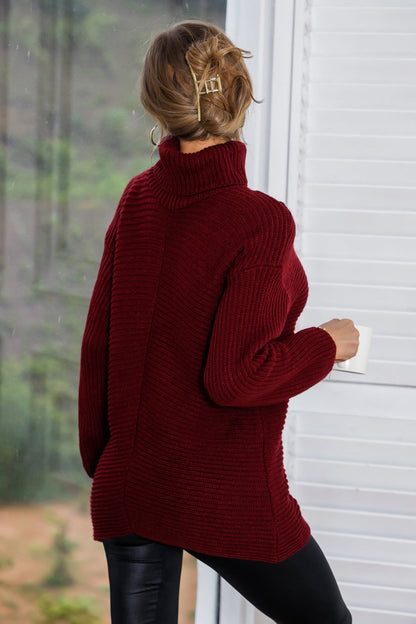 Horizontal Ribbing Turtleneck Tunic Sweater