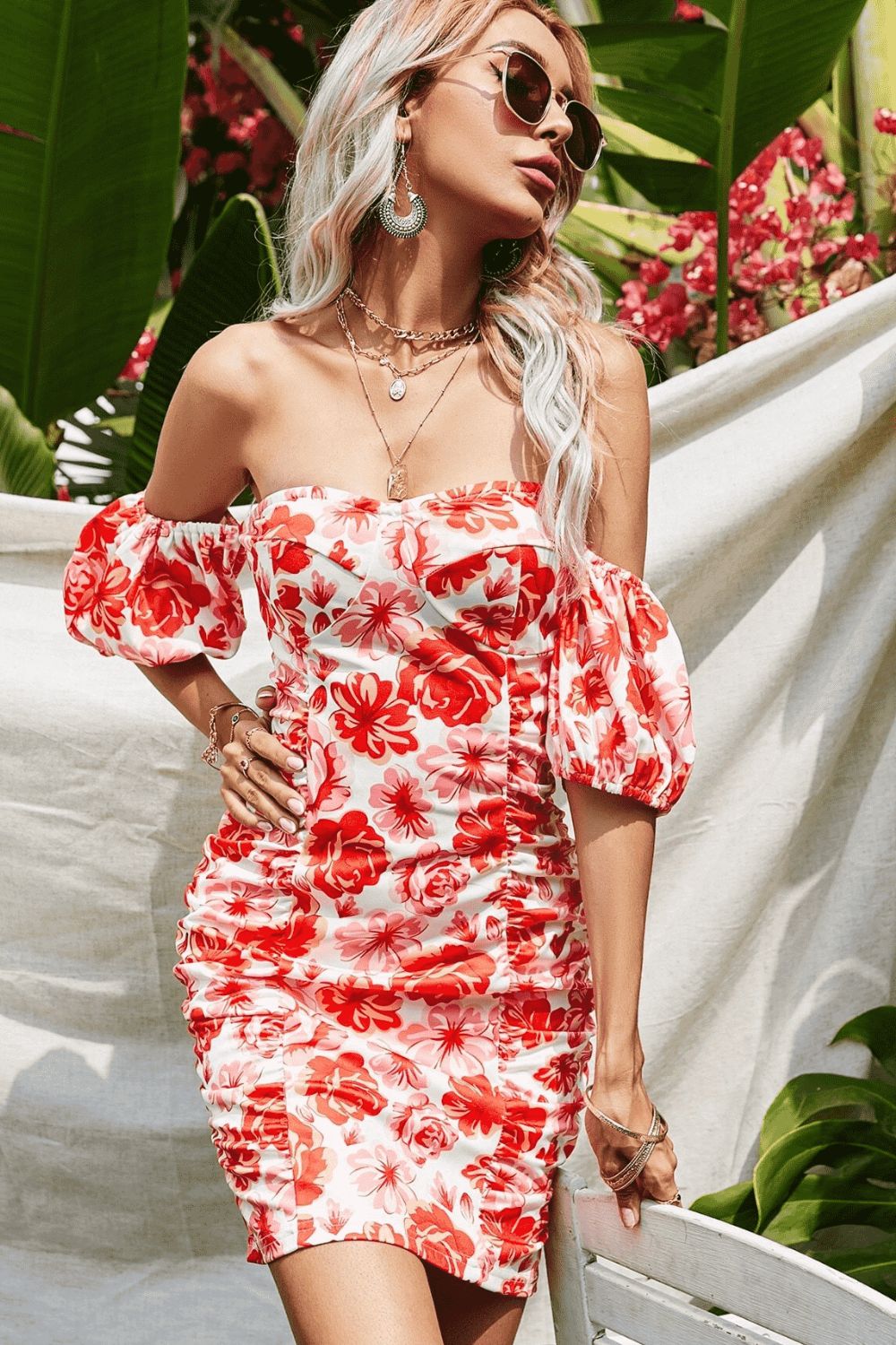 Off-Shoulder Floral Print Balloon Sleeve Dress