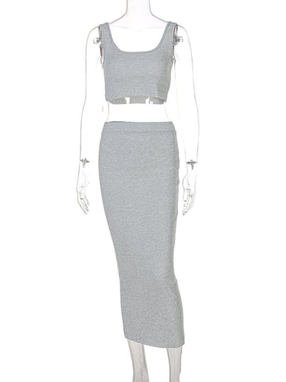 Women's Solid Color Crop Camisole With A Matching Slim Skirt Set