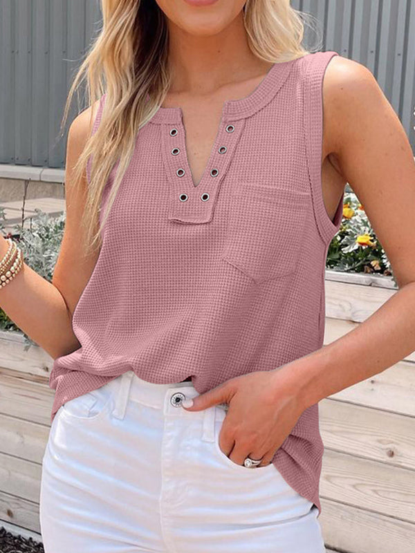 Women's Solid Color Lace Up Waffle Knit Tank Top