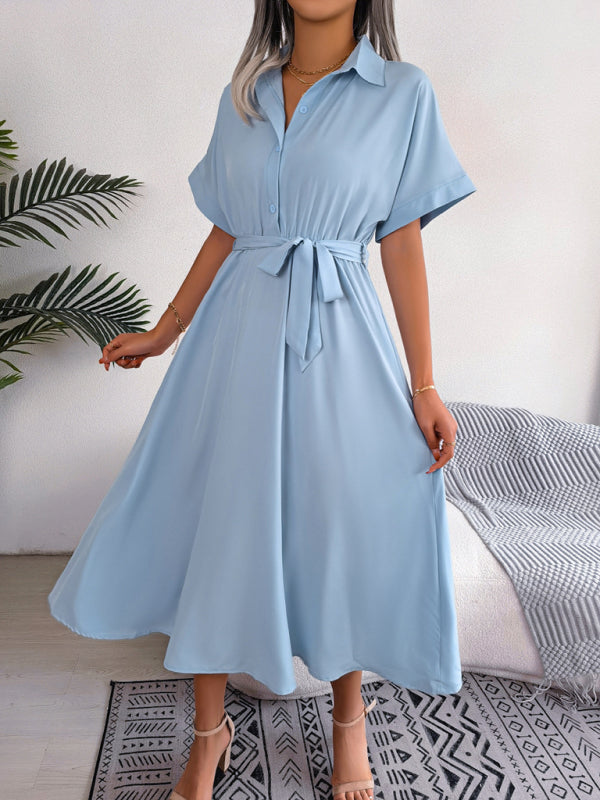Women's Solid Color Tie Front Linen And Cotton Midi Shirtdress
