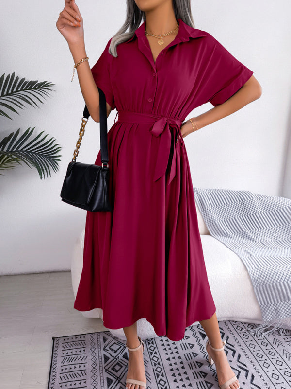 Women's Solid Color Tie Front Linen And Cotton Midi Shirtdress